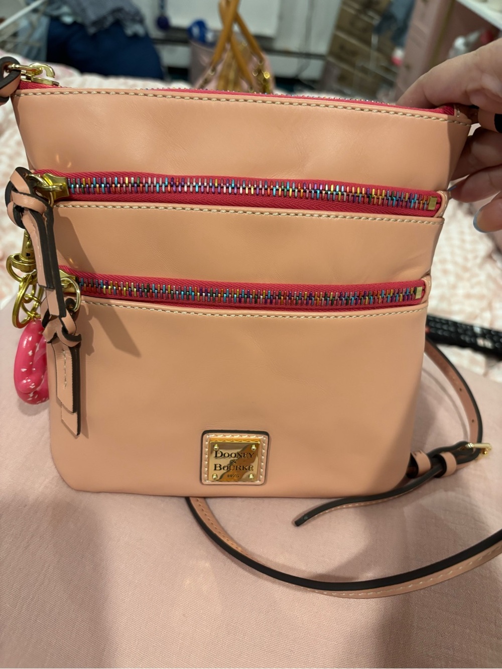 Dooney & Bourke blush  Leather Crossbody with hot Pink Trim and Multicolor Zippe
